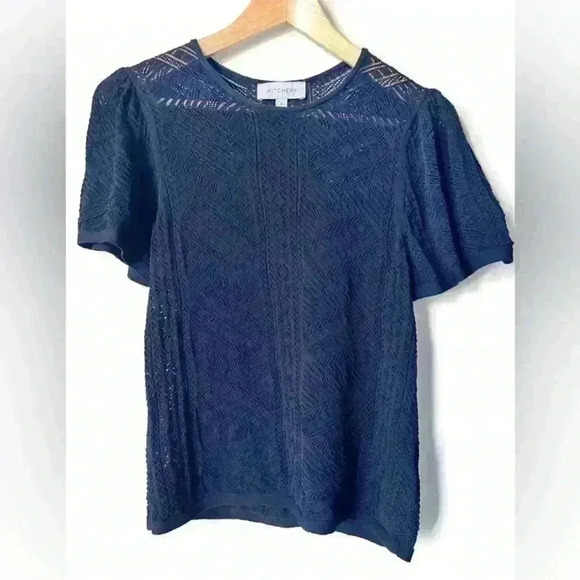 Witchery Women’s Navy Blue Garden Girl Preppy Prep Sheer Puff Sleeve Top Small - Picture 3 of 14